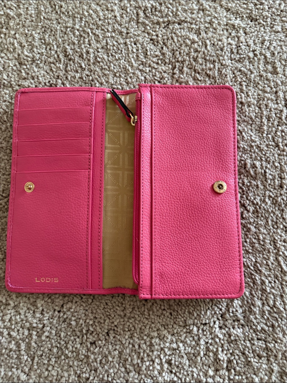 Lodis Hot Pink Genuine Leather Continental Wallet with Gold Button NEW - Picture 2 of 6
